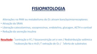 FISIOPATOLOGIA
Alterações na PAM ou metabolismo do O2 ativam baro/quimiorreceptores:
• Ativação do SRAA
• Liberação catecolaminas, vasopressinas, endotelina, glucagon, ACTH e cortisol
• Redução da secreção insulina
Resultado: contração e FC / Vasoconstrição art e ven / Redistribuição volêmica
reabsorção Na e H2O / extração de O2 / oferta de substratos
 