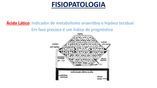 FISIOPATOLOGIA
Ácido Lático: Indicador de metabolismo anaeróbio e hipóxia tecidual
Em fase precoce é um índice de prognóstico
 