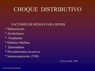 CHOQUE DISTRIBUTIVO

       FACTORES DE RIESGO PARA SEPSIS
  * Malnutrición.
  * Alcoholismo.
  * Neoplasias.
  * Diabetes Mellitus
  * Quemaduras
  * Procedimientos invasivos.
  * Inmunosupresión. (VIH)
                                 Crit.Care Med. 2000


www.reeme.arizona.edu
 