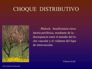 CHOQUE DISTRIBUTIVO


                               Blalock: Insuficiencia circu-
                        latoria periférica, resultante de la –
                        discrepancia entre el tamaño del le-
                        cho vascular y el volúmen del líqui
                        do intravascular.




                                                  Villazón 3a.Ed.

www.reeme.arizona.edu
 