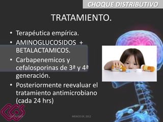 CHOQUE DISTRIBUTIVO

TRATAMIENTO.
• Terapéutica empírica.
• AMINOGLUCOSIDOS +
BETALACTAMICOS.
• Carbapenemicos y
cefalosporinas de 3ª y 4ª
generación.
• Posteriormente reevaluar el
tratamiento antimicrobiano
(cada 24 hrs)
03/03/2014

MEXICO DF, 2012

66

 