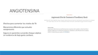 ANGIOTENSINA
Efectiva para aumentar los niveles de TA
Mecanismo diferente que actuales
vasopresores
Segura en pacientes cursando choque séptico
sin evidencia de bajo gasto cardiaco.
 