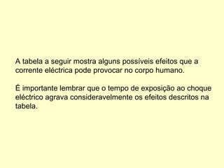 A tabela a seguir mostra alguns possíveis efeitos que a
corrente eléctrica pode provocar no corpo humano.
É importante lembrar que o tempo de exposição ao choque
eléctrico agrava consideravelmente os efeitos descritos na
tabela.
 