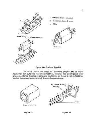 47
Figura 34 – Fusíveis Tipo NH
O fusível possui um corpo de porcelana (Figura 35) de seção
retangular, com suficiente resistência mecânica, contendo nas extremidades facas
prateadas. Dentro do corpo de porcelana se alojam o elo fusível e o elo indicador de
queima, imersos em areia especial, de granulação adequada.
Figura 35 Figura 36
 