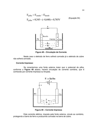 64
E E E
E V
pilha catado ânodo
pilha
= −
= − − =0 345 0 440 0 785, ( , ) ,
(Equação 04)
Figura 48 – Circulação de Corrente
Neste caso o eletrodo de ferro sofrerá corrosão já o eletrodo de cobre
não sofrerá corrosão.
Corrente Impressa:
Se conectarmos uma fonte externa maior que o potencial de pilha,
conforme a Figura 49 abaixo, haverá circulação de corrente contrária, que é
conhecido por corrente impressa ou forçada.
Figura 49 – Corrente Impressa
Esta corrente elétrica, imposta pela fonte externa, circula ao contrário,
protegendo a barra de ferro e produzindo corrosão na barra de cobre.
 