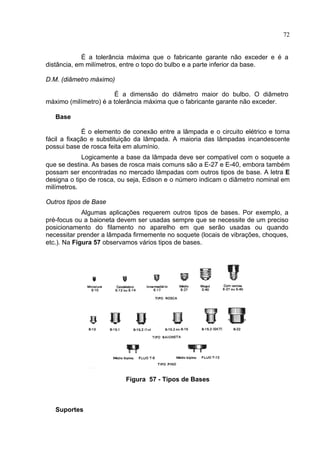 72
É a tolerância máxima que o fabricante garante não exceder e é a
distância, em milímetros, entre o topo do bulbo e a parte inferior da base.
D.M. (diâmetro máximo)
É a dimensão do diâmetro maior do bulbo. O diâmetro
máximo (milímetro) é a tolerância máxima que o fabricante garante não exceder.
Base
É o elemento de conexão entre a lâmpada e o circuito elétrico e torna
fácil a fixação e substituição da lâmpada. A maioria das lâmpadas incandescente
possui base de rosca feita em alumínio.
Logicamente a base da lâmpada deve ser compatível com o soquete a
que se destina. As bases de rosca mais comuns são a E-27 e E-40, embora também
possam ser encontradas no mercado lâmpadas com outros tipos de base. A letra E
designa o tipo de rosca, ou seja, Edison e o número indicam o diâmetro nominal em
milímetros.
Outros tipos de Base
Algumas aplicações requerem outros tipos de bases. Por exemplo, a
pré-focus ou a baioneta devem ser usadas sempre que se necessite de um preciso
posicionamento do filamento no aparelho em que serão usadas ou quando
necessitar prender a lâmpada firmemente no soquete (locais de vibrações, choques,
etc.). Na Figura 57 observamos vários tipos de bases.
Figura 57 - Tipos de Bases
Suportes
 