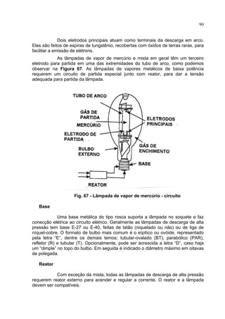90
Dois eletrodos principais atuam como terminais da descarga em arco.
Eles são feitos de espiras de tungstênio, recobertas com óxidos de terras raras, para
facilitar a emissão de elétrons.
As lâmpadas de vapor de mercúrio e mista em geral têm um terceiro
eletrodo para partida em uma das extremidades do tubo de arco, como podemos
observar na Figura 67. As lâmpadas de vapores metálicos de baixa potência
requerem um circuito de partida especial junto com reator, para dar a tensão
adequada para partida da lâmpada.
Fig. 67 - Lâmpada de vapor de mercúrio - circuito
Base
Uma base metálica do tipo rosca suporta a lâmpada no soquete e faz
conecção elétrica ao circuito elétrico. Geralmente as lâmpadas de descarga de alta
pressão tem base E-27 ou E-40, feitas de latão (niquelado ou não) ou de liga de
níquel-cobre. O formato de bulbo mais comum é o eípitico ou ovóide, representado
pela letra “E”, dentre os demais temos; tubular-ovalado (BT), parabólico (PAR),
refletor (R) e tubular (T). Opcionalmente, pode ser acrescida a letra “D”, caso haja
um “dimple” no topo do bulbo. Em seguida é indicado o diâmetro máximo em oitavas
de polegada.
Reator
Com exceção da mista, todas as lâmpadas de descarga de alta pressão
requerem reator externo para acender e regular a corrente. O reator e a lâmpada
devem ser compatíveis.
 