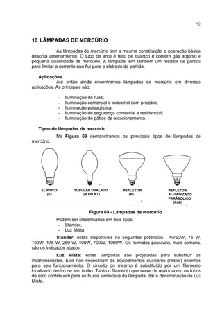 92
10 LÂMPADAS DE MERCÚRIO
As lâmpadas de mercúrio têm a mesma constituição e operação básica
descrita anteriormente. O tubo de arco é feito de quartzo e contém gás argônio e
pequena quantidade de mercúrio. A lâmpada tem também um resistor de partida
para limitar a corrente que flui para o eletrodo de partida.
Aplicações
Até então ainda encontramos lâmpadas de mercúrio em diversas
aplicações. As principais são:
- Iluminação de ruas;
- Iluminação comercial e industrial com projetos;
- Iluminação paisagística;
- Iluminação de segurança comercial e residencial;
- Iluminação de pátios de estacionamento.
Tipos de lâmpadas de mercúrio
Na Figura 69 demonstramos os principais tipos de lâmpadas de
mercúrio.
Figura 69 - Lâmpadas de mercúrio
Podem ser classificadas em dois tipos:
- Stander,
- Luz Mista
Stander: estão disponíveis na seguintes potências: 40/50W, 75 W,
100W, 175 W, 250 W, 400W, 700W, 1000W. Os formatos possíveis, mais comuns,
são os indicados abaixo:
Luz Mista: estas lâmpadas são projetadas para substituir as
incandescestes. Elas não necessitam de equipamentos auxiliares (reator) externos
para seu funcionamento. O circuito do mesmo é substituído por um filamento
localizado dentro de seu bulbo. Tanto o filamento que serve de reator como os tubos
de arco contribuem para os fluxos luminosos da lâmpada, daí a denominação de Luz
Mista.
 