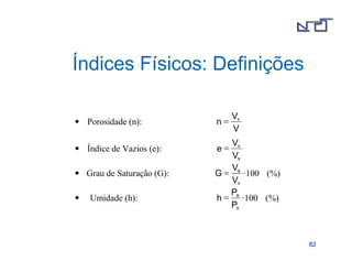 8822 
Índices Físicos: Definições 
• Porosidade (n): 
V 
n = v 
V 
• Índice de Vazios (e): 
V 
v 
V 
s 
e = 
V 
• Grau de Saturação (G): = 100 (%) 
a 
V 
v 
G 
P 
• Umidade (h): = 100 (%) 
a 
P 
s 
h 
 