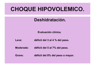 CHOQUE HIPOVOLEMICO.
Deshidratación.
Evaluación clínica.
Leve: déficit del 3 al 4 % del peso.
Moderada: déficit del 5 al 7% del peso.
Grave: déficit del 8% del peso o mayor.
 