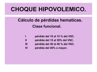 CHOQUE HIPOVOLEMICO.
Cálculo de pérdidas hematicas.
Clase funcional.
I pérdida del 10 al 15 % del VSC.
II pérdida del 15 al 30% del VSC.
III pérdida del 30 al 40 % del VSC.
IV pérdida del 40% o mayor.
 