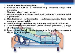 1. Posición Trendelemburg de 10º.
2. Evaluar el ABCD de la reanimación y comenzar apoyo vital
   avanzado.
3. Mantener vía aérea permeable.
4. Oxigenoterapia por catéter nasal a 7-8 l/minutos o máscara facial
   a 5 l/minuto.
5. Monitorización cardiovascular (electrocardiografía, toma del
   pulso y presión arterial).
6. Medir presión arterial cada 15 minutos y luego según evolución.
7. Acceso intravenoso periférico (2 vías venosas periféricas) y luego
   abordaje venoso profundo.
8. Inspección de la piel y búsqueda y control de heridas externas con
   signos de hemorragias.
 