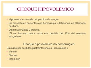 CHOQUE HIPOVOLEMICO
• Hipovolemia causada por perdida de sangre
• Se presenta en pacientes con hemorragia y deficiencia en el llenado
cardiaco
• Disminuye Gasto Cardiaco.
. El ser humano tolera hasta una perdida del 10% del volumen
sanguíneo
Choque hipovolemico no hemorrágico
Causado por perdidas gastrointestinales ( electrolitos )
• Vomito
• Diarrea
• insolacion
 