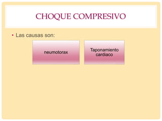 CHOQUE COMPRESIVO
• Las causas son:
neumotorax
Taponamiento
cardiaco
 