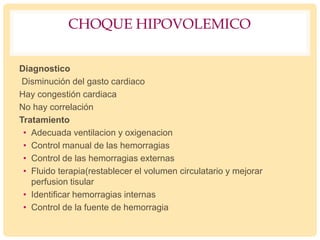 CHOQUE HIPOVOLEMICO
Diagnostico
Disminución del gasto cardiaco
Hay congestión cardiaca
No hay correlación
Tratamiento
• Adecuada ventilacion y oxigenacion
• Control manual de las hemorragias
• Control de las hemorragias externas
• Fluido terapia(restablecer el volumen circulatario y mejorar
perfusion tisular
• Identificar hemorragias internas
• Control de la fuente de hemorragia
 