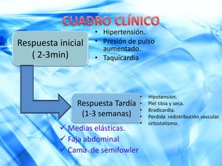 Patofisiologia del Shock NeurogénicoRuptura del sistemaNervioso SimpaticoPerdida del tono SimpaticoVasodilataciónvenosa y arterialDisminución del retornovenosoDisminución del volumencirculanteDisminución de gastocardiacoDisminución del suplemento de oxigenocelularDeterioro en la perfusion tisularDeterioro en el metabolismocelular