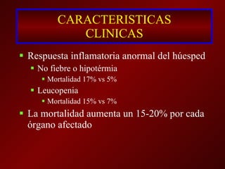 CARACTERISTICAS CLINICAS Respuesta inflamatoria anormal del húesped No fiebre o hipotérmia Mortalidad 17% vs 5% Leucopenia Mortalidad 15% vs 7% La mortalidad aumenta un 15-20% por cada órgano afectado 