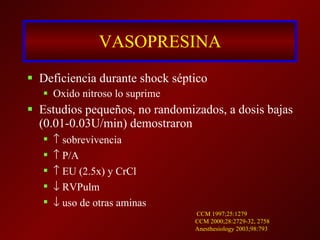VASOPRESINA Deficiencia durante shock séptico Oxido nitroso lo suprime Estudios pequeños, no randomizados, a dosis bajas (0.01-0.03U/min) demostraron    sobrevivencia    P/A    EU (2.5x) y CrCl    RVPulm    uso de otras aminas CCM 1997;25:1279 CCM 2000;28:2729-32, 2758 Anesthesiology 2003;98:793 