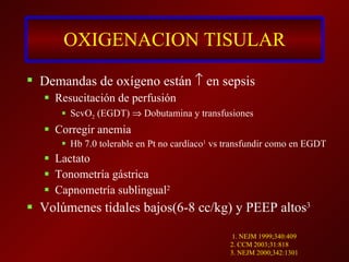 OXIGENACION TISULAR Demandas de oxígeno están   en sepsis Resucitación de perfusión ScvO 2  (EGDT)    Dobutamina y transfusiones Corregir anemia Hb 7.0 tolerable en Pt no cardíaco 1  vs transfundir como en EGDT Lactato Tonometría gástrica Capnometría sublingual 2 Volúmenes tidales bajos(6-8 cc/kg) y PEEP altos 3 1. NEJM 1999;340:409 2. CCM 2003;31:818 3. NEJM 2000;342:1301 
