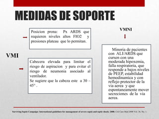 MEDIDAS DE SOPORTE
Minoria de pacientes
con ALI/ARDS que
cursen con una
moderada hipoxemia,
falla respiratoria, que
responde a bajos niveles
de PEEP, estabilidad
hemodinamica y con
reflejo protector de la
via aerea y que
espontaneamente mover
secreciones de la via
aerea.
VMI
Posicion prona: Px ARDS que
requieren niveles altos FIO2 y
presiones plateau que lo permitan.
Cabecera elevada para limitar el
riesgo de aspiracion y para evitar el
riesgo de neumonia asociado al
ventilador.
Se sugiere que la cabeza este a 30 –
45° .
VMNI
Surviving Sepsis Campaign: International guidelines for management of severe sepsis and septic shock: 2008. Crit Care Med 2008 Vol. 36, No. 1.
 