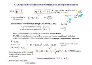  
 
fi PP
rr
= 0TTQ if ≠−=
NO hay CONSERVACIÓN DE LA
ENERGÍA CINÉTICA
CML
i1i2
f1f2
i
f
vv
vv
)inicialrelativavelocidad(u
)finalrelativavelocidad(u
e rr
rr
−
−
==
coeficiente de restitución (CHOQUES FRONTALES)
e=1 la velocidad relativa no cambia (T se conserva) choque elástico
0<e<1 la velocidad relativa cambia (T no se conserva) choque parcialmente inelástico
e=0 la velocidad relativa final=0 (variación máxima de T) choque completamente inelástico
)1e(u
2
1
TTTQ 22
iif −µ=−=∆=
r
21 ppP
rrr
+=
En el sistema CM: Q2'p'p 2
i
2
f µ+=
21
21
mm
mm
+
=µ
i
f
p
p
e
'
'
=
CM
p'f
m2θ'
p'ip'i
p'f
12 vvu
rrr
−=
2
22
2
11 vmvmT2 +=
T)mm(2ummP 21
2
21
2
+=+
v Válido para el estado final o
el inicial
CASOS según e
En CM
(demostrar)
4. Choques inelásticos unidimensionales. energía del choque
Mayor cuanto mayor la velocidad
relativa inicial, y cuanto menor el
coeficiente e
Problemas del boletín 7.2, 7.3, 7.4, 7.5
Chantal Ferrer Roca 2008
 