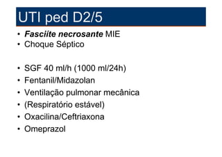 UTI ped D2/5
• Fasciíte necrosante MIE
• Choque Séptico

•   SGF 40 ml/h (1000 ml/24h)
•   Fentanil/Midazolan
•   Ventilação pulmonar mecânica
•   (Respiratório estável)
•   Oxacilina/Ceftriaxona
•   Omeprazol
 