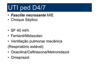 UTI ped D4/7
• Fasciíte necrosante MIE
• Choque Séptico

• SF 40 ml/h
• Fentanil/Midazolan
• Ventilação pulmonar mecânica
(Respiratório estável)
• Oxacilina/Ceftriaxona/Metronidazol
• Omeprazol
 