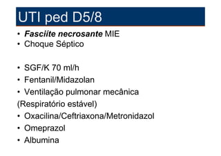 UTI ped D5/8
• Fasciíte necrosante MIE
• Choque Séptico

• SGF/K 70 ml/h
• Fentanil/Midazolan
• Ventilação pulmonar mecânica
(Respiratório estável)
• Oxacilina/Ceftriaxona/Metronidazol
• Omeprazol
• Albumina
 
