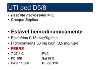 UTI ped D5/8
• Fasciíte necrosante MIE
• Choque Séptico


• Estável hemodinamicamente
• Epinefrina 0,15 mcg/Kg/min
• Hidrocortisona 30 mg 6/6h (3,5 mg/Kg/d)
• FEBRE
• T 37,4 C         PVC
• FC 106           Sat 97%
• PAni 110/60      Gluco 115
 