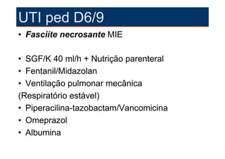 UTI ped D6/9
• Fasciíte necrosante MIE

• SGF/K 40 ml/h + Nutrição parenteral
• Fentanil/Midazolan
• Ventilação pulmonar mecânica
(Respiratório estável)
• Piperacilina-tazobactam/Vancomicina
• Omeprazol
• Albumina
 