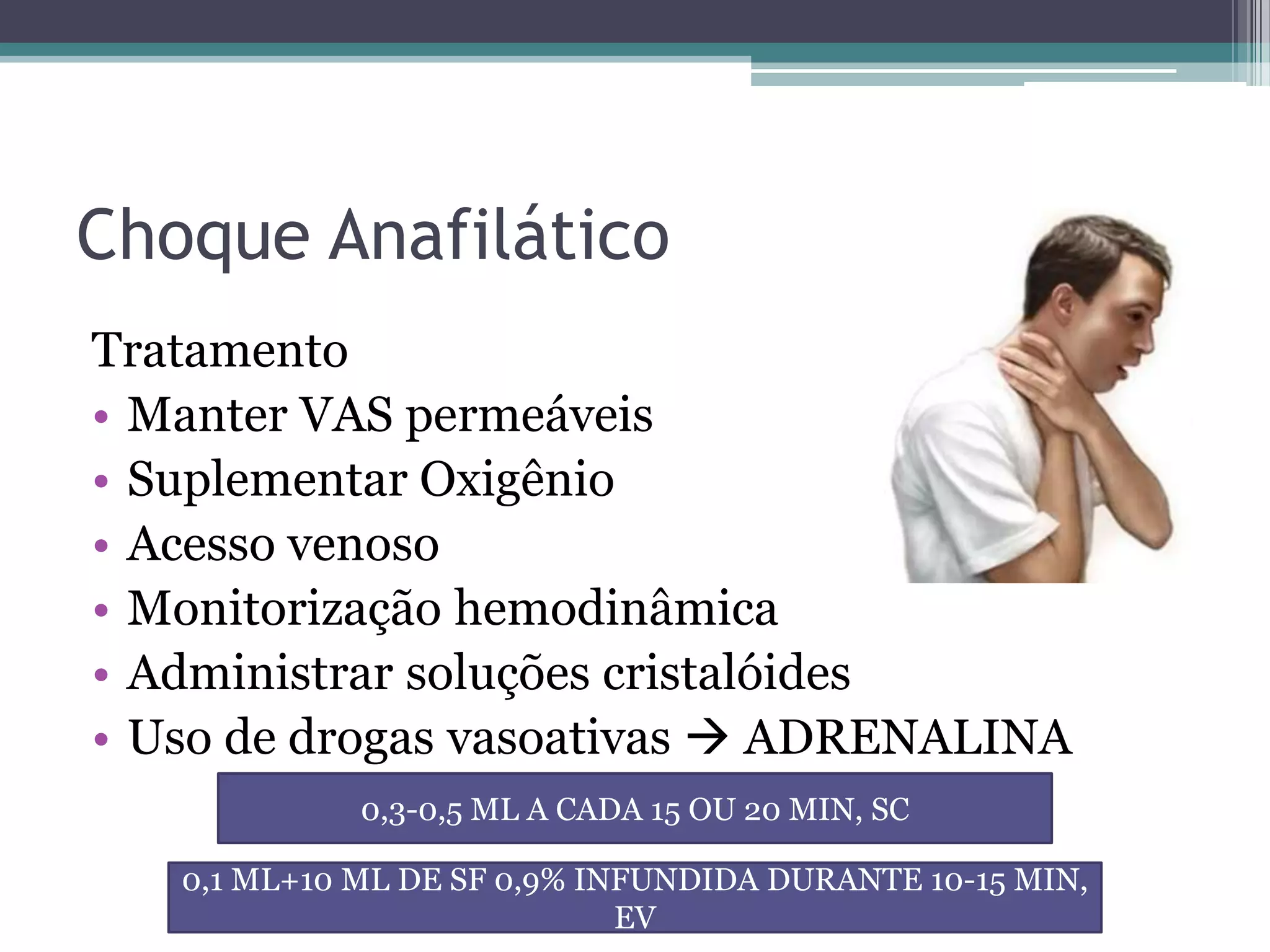 Choque Anafilático
Tratamento
• Manter VAS permeáveis
• Suplementar Oxigênio
• Acesso venoso
• Monitorização hemodinâmica
• Administrar soluções cristalóides
• Uso de drogas vasoativas  ADRENALINA
0,3-0,5 ML A CADA 15 OU 20 MIN, SC
0,1 ML+10 ML DE SF 0,9% INFUNDIDA DURANTE 10-15 MIN,
EV
 