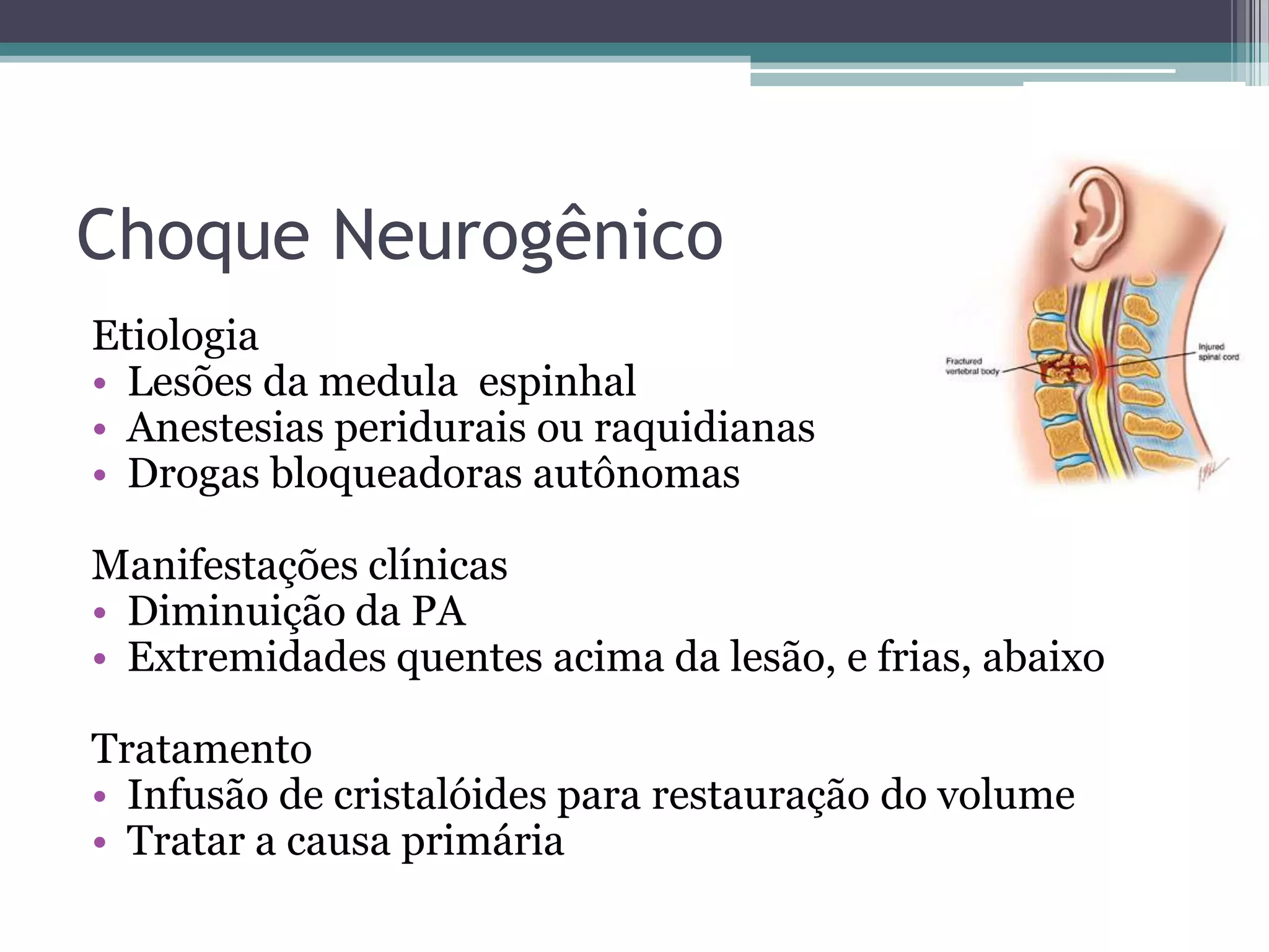 Choque Neurogênico
Etiologia
• Lesões da medula espinhal
• Anestesias peridurais ou raquidianas
• Drogas bloqueadoras autônomas
Manifestações clínicas
• Diminuição da PA
• Extremidades quentes acima da lesão, e frias, abaixo
Tratamento
• Infusão de cristalóides para restauração do volume
• Tratar a causa primária
 