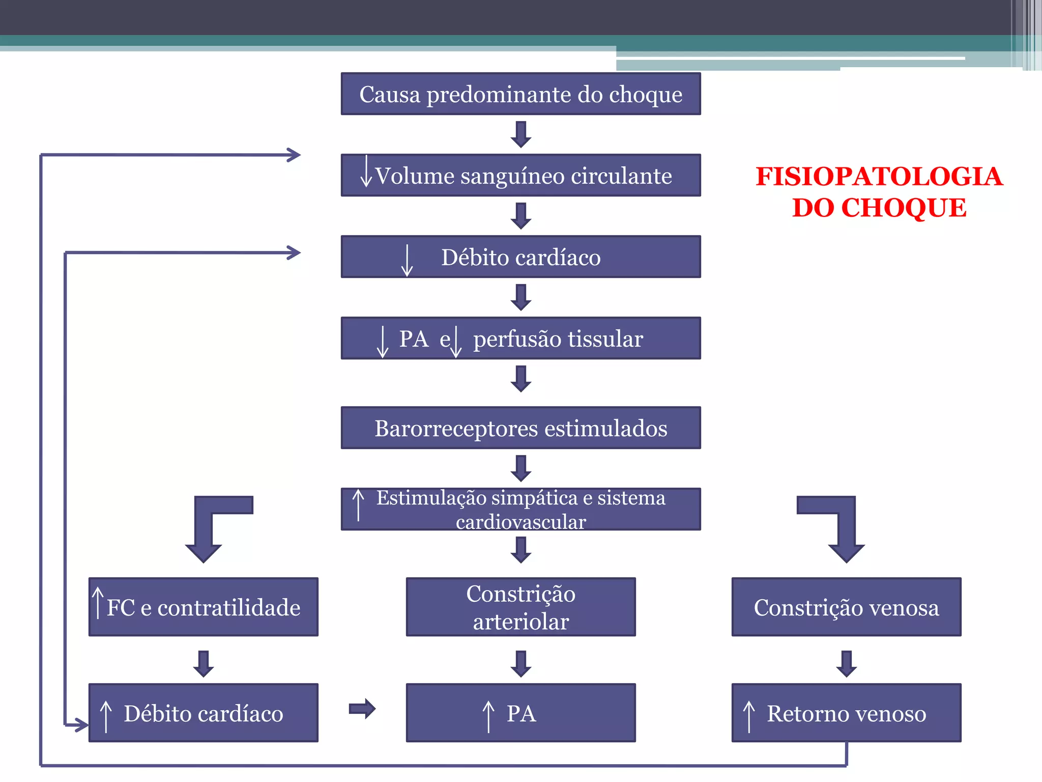 Volume sanguíneo circulante
Causa predominante do choque
Estimulação simpática e sistema
cardiovascular
Débito cardíaco
PA e perfusão tissular
Barorreceptores estimulados
FC e contratilidade
Débito cardíaco PA Retorno venoso
Constrição
arteriolar
Constrição venosa
FISIOPATOLOGIA
DO CHOQUE
 