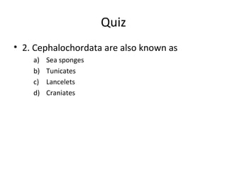 Quiz
• 2. Cephalochordata are also known as
a) Sea sponges
b) Tunicates
c) Lancelets
d) Craniates
 