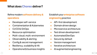 Establish your enterprise software
engineering practice
● API-ﬁrst development
● Domain driven design
● Microservice architecture
● Test driven development
● Automated DevOps
● Secure by default
● Version management
● Iterative architecture
● AI augmented engineering
Reﬁne modern software delivery &
operations
● Developer self-service
● Containerization & Kubernetes
● CI/CD & GitOps
● Resource optimization
● Multi-cloud, multi-environment
● Observability & alerting
● Conﬁg & secret management
● Resiliency, scalability & HA
● Operational & business insights
What does Choreo deliver?
7
 