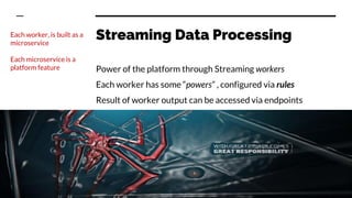 Streaming Data Processing
Power of the platform through Streaming workers
Each worker has some “powers” , configured via rules
Result of worker output can be accessed via endpoints
Each worker, is built as a
microservice
Each microservice is a
platform feature
 