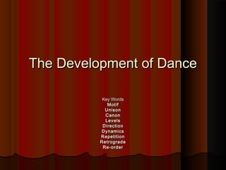 The Development of Dance
Key Words
Motif
Unison
Canon
Levels
Direction
Dynamics
Repetition
Retrograde
Re-order

 