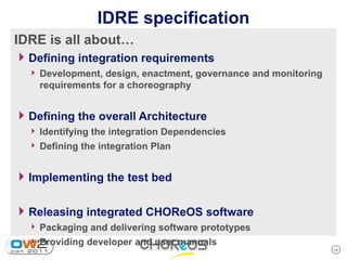 IDRE specification
IDRE is all about…
4 Defining integration requirements
  4 Development, design, enactment, governance and monitoring
    requirements for a choreography


4 Defining the overall Architecture
  4 Identifying the integration Dependencies
  4 Defining the integration Plan


4 Implementing the test bed

4 Releasing integrated CHOReOS software
  4 Packaging and delivering software prototypes
  4 Providing developer and user manuals
                                                                14
 