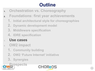Outline
1.    Orchestration vs. Choreography
2.    Foundations: first year achievements
     1. Initial architectural style for choreographies
     2. Dynamic development model
     3. Middleware specification
     4. IDRE specification
3.    Use cases
4.    OW2 impact
     1. Community building
     2. OW2 ‘Future Internet’ initiative
     3. Synergies
5.    Prospects
                                                         15
 