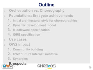 Outline
1.    Orchestration vs. Choreography
2.    Foundations: first year achievements
     1. Initial architectural style for choreographies
     2. Dynamic development model
     3. Middleware specification
     4. IDRE specification
3.    Use cases
4.    OW2 impact
     1. Community building
     2. OW2 ‘Future Internet’ initiative
     3. Synergies
5.    Prospects
                                                         24
 