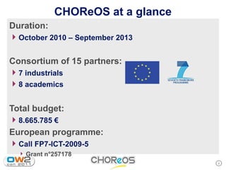 CHOReOS at a glance
Duration:
4 October 2010 – September 2013

Consortium of 15 partners:
4 7 industrials
4 8 academics

Total budget:
4 8.665.785 €
European programme:
4 Call FP7-ICT-2009-5
  4 Grant n°257178
                                  3
 
