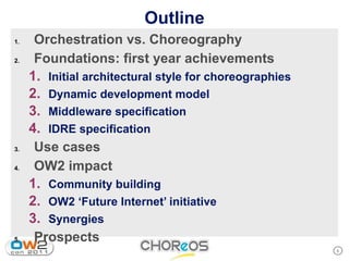 Outline
1.    Orchestration vs. Choreography
2.    Foundations: first year achievements
     1. Initial architectural style for choreographies
     2. Dynamic development model
     3. Middleware specification
     4. IDRE specification
3.    Use cases
4.    OW2 impact
     1. Community building
     2. OW2 ‘Future Internet’ initiative
     3. Synergies
5.    Prospects
                                                         5
 
