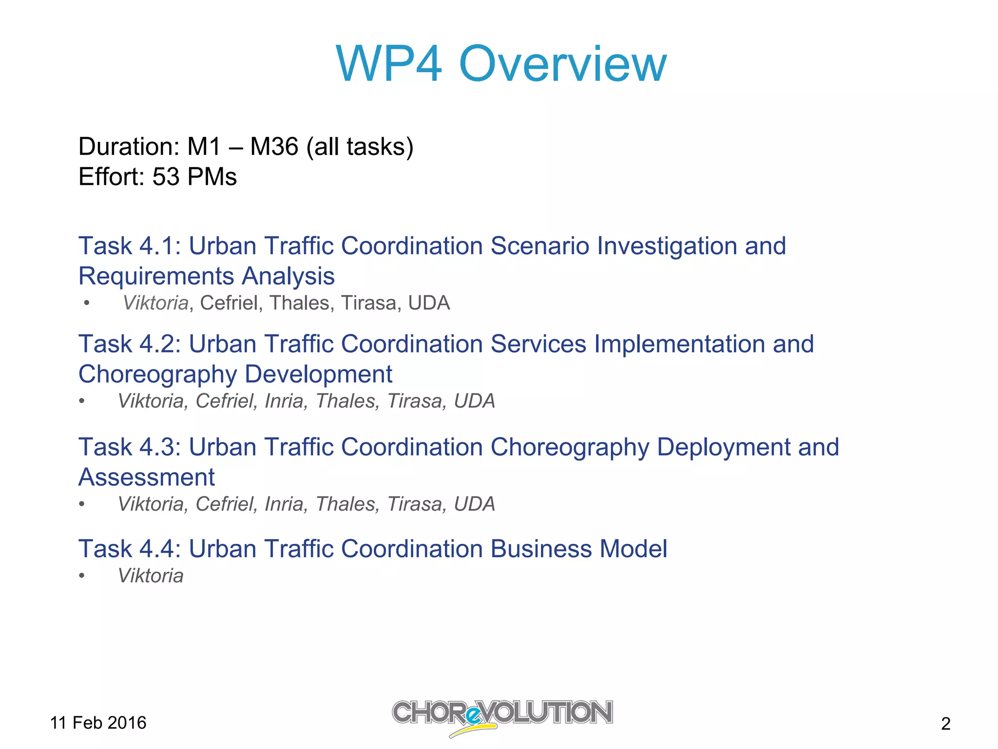 WP4 Overview
Duration: M1 – M36 (all tasks)
Effort: 53 PMs
Task 4.1: Urban Traffic Coordination Scenario Investigation and
Requirements Analysis
•  Viktoria, Cefriel, Thales, Tirasa, UDA
Task 4.2: Urban Traffic Coordination Services Implementation and
Choreography Development
•  Viktoria, Cefriel, Inria, Thales, Tirasa, UDA
Task 4.3: Urban Traffic Coordination Choreography Deployment and
Assessment
•  Viktoria, Cefriel, Inria, Thales, Tirasa, UDA
Task 4.4: Urban Traffic Coordination Business Model
•  Viktoria
211 Feb 2016
 