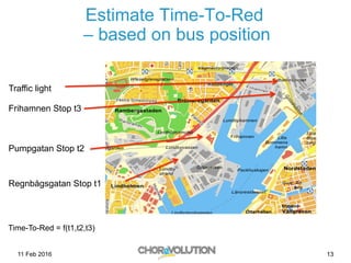 Estimate Time-To-Red
– based on bus position
Regnbågsgatan Stop t1
Pumpgatan Stop t2
Frihamnen Stop t3
11 Feb 2016
Traffic light
Time-To-Red = f(t1,t2,t3)
13
 