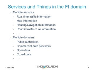 6
Services and Things in the FI domain
•  Multiple services
•  Real time traffic information
•  Map information
•  Routing/Navigation information
•  Road infrastructure information
•  …
•  Multiple domains
•  Public authorities
•  Commercial data providers
•  Open data
•  Crowd data
•  …
11 Feb 2016
 