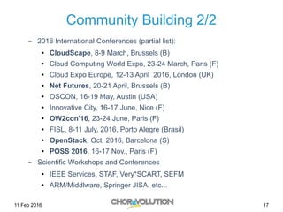 11 Feb 2016 17
Community Building 2/2
– 2016 International Conferences (partial list):
● CloudScape, 8-9 March, Brussels (B)
● Cloud Computing World Expo, 23-24 March, Paris (F)
● Cloud Expo Europe, 12-13 April 2016, London (UK)
● Net Futures, 20-21 April, Brussels (B)
● OSCON, 16-19 May, Austin (USA)
● Innovative City, 16-17 June, Nice (F)
● OW2con'16, 23-24 June, Paris (F)
● FISL, 8-11 July, 2016, Porto Alegre (Brasil)
● OpenStack, Oct, 2016, Barcelona (S)
● POSS 2016, 16-17 Nov., Paris (F)
– Scientific Workshops and Conferences
● IEEE Services, STAF, Very*SCART, SEFM
● ARM/Middlware, Springer JISA, etc...
 