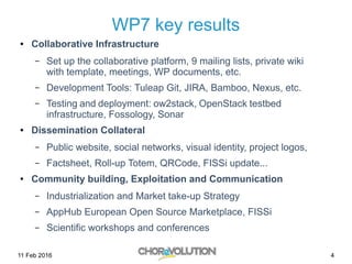 11 Feb 2016 4
WP7 key results
● Collaborative Infrastructure
– Set up the collaborative platform, 9 mailing lists, private wiki
with template, meetings, WP documents, etc.
– Development Tools: Tuleap Git, JIRA, Bamboo, Nexus, etc.
– Testing and deployment: ow2stack, OpenStack testbed
infrastructure, Fossology, Sonar
● Dissemination Collateral
– Public website, social networks, visual identity, project logos,
– Factsheet, Roll-up Totem, QRCode, FISSi update...
● Community building, Exploitation and Communication
– Industrialization and Market take-up Strategy
– AppHub European Open Source Marketplace, FISSi
– Scientific workshops and conferences
 
