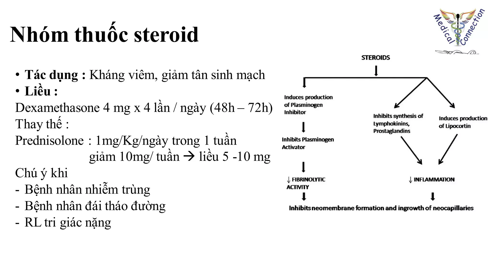 Nhóm thuốc steroid
• Tác dụng : Kháng viêm, giảm tân sinh mạch
• Liều :
Dexamethasone 4 mg x 4 lần / ngày (48h – 72h)
Thay thế :
Prednisolone : 1mg/Kg/ngày trong 1 tuần
giảm 10mg/ tuần  liều 5 -10 mg
Chú ý khi
- Bệnh nhân nhiễm trùng
- Bệnh nhân đái tháo đường
- RL tri giác nặng
 