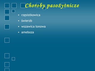 Choroby pasożytnicze
• rzęsistkowica
• świerzb
• wszawica łonowa
• ameboza
 