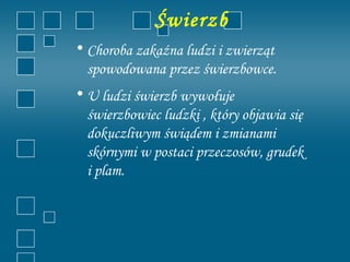 Świerzb
• Choroba zakaźna ludzi i zwierząt
  spowodowana przez świerzbowce.
• U ludzi świerzb wywołuje
  świerzbowiec ludzki , który objawia się
  dokuczliwym świądem i zmianami
  skórnymi w postaci przeczosów, grudek
  i plam.
 